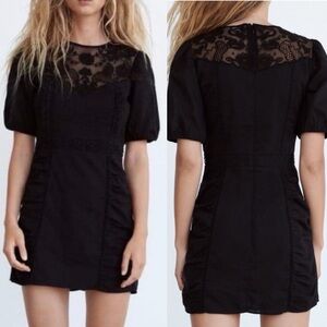 Zara Lace Mini Dress Puff Sleeves Black Sz Small Whimsigoth